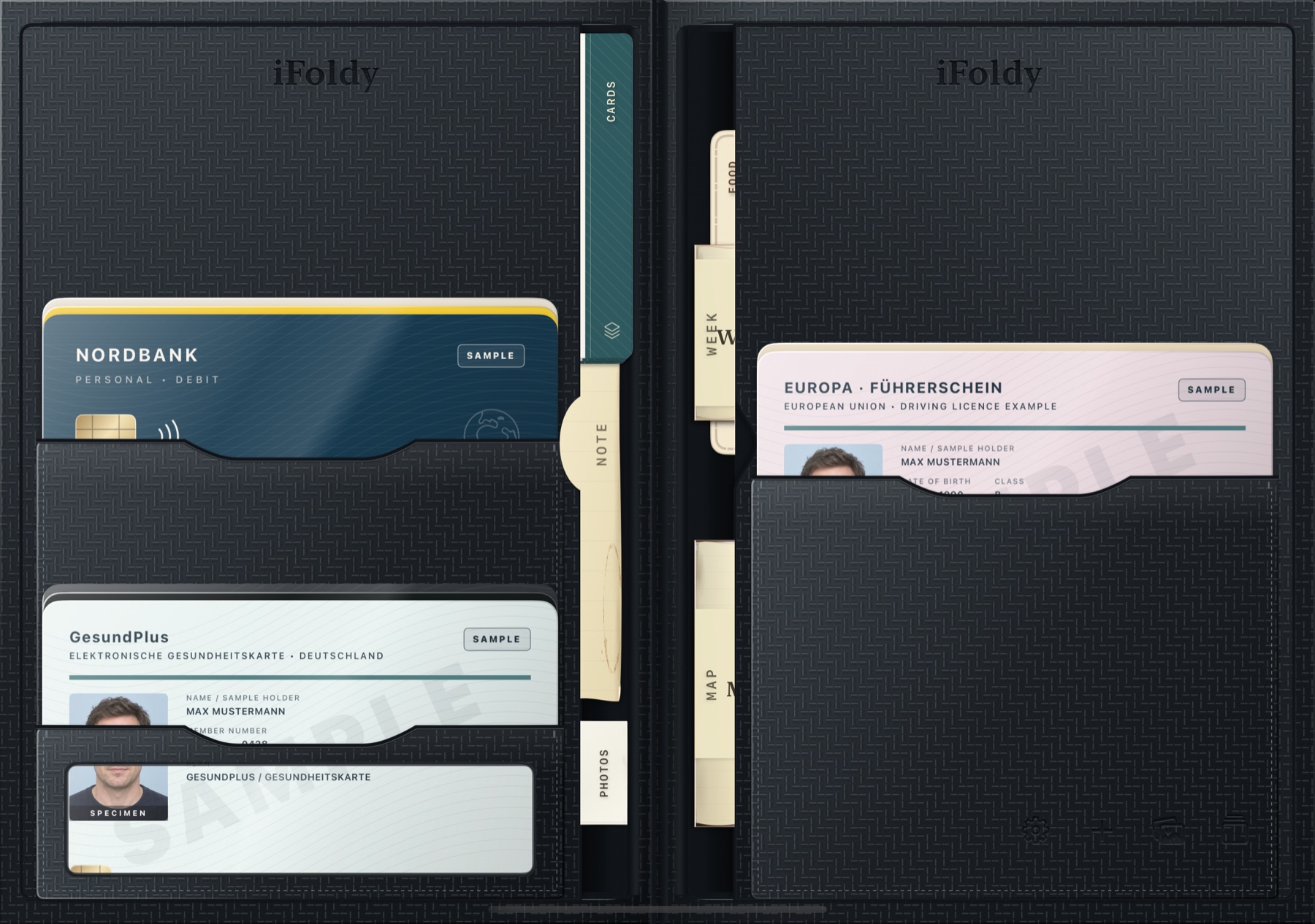 The open wallet on iPhone Duo in graphite carbon, with a fine woven texture on both leaves and the sample cards in their pockets.