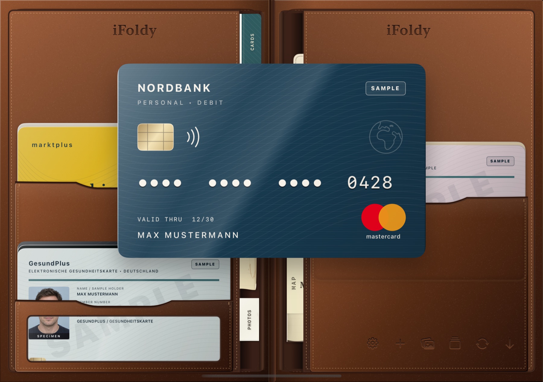 The Nordbank sample debit card pulled from its pocket and held in front of the open wallet.