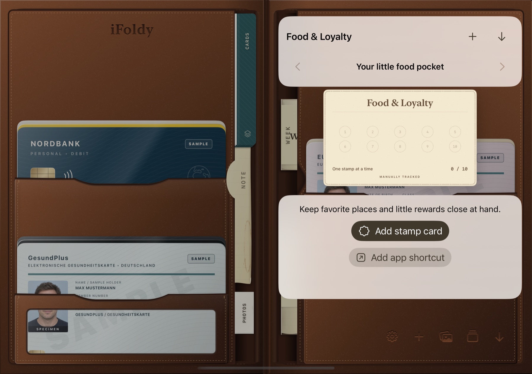 The Food & Loyalty pocket open on the right leaf: an empty stamp card with ten circles and buttons to add a stamp card or an app shortcut.