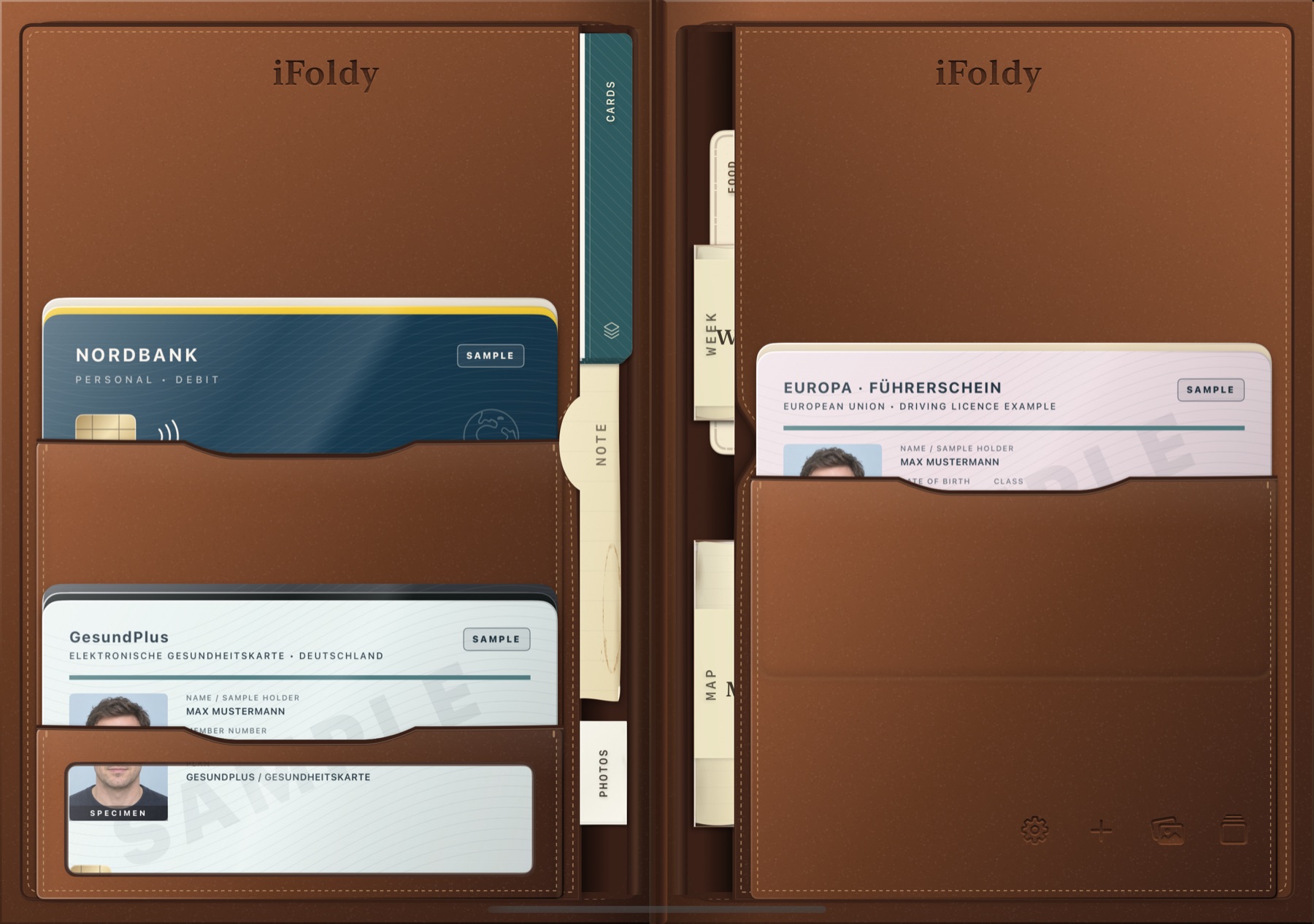 The open wallet on iPhone Duo with sample cards: a Nordbank debit card, a health card in the clear ID window and a driving licence, the iFoldy name burned into both leaves and labelled paper sleeves along the spine.