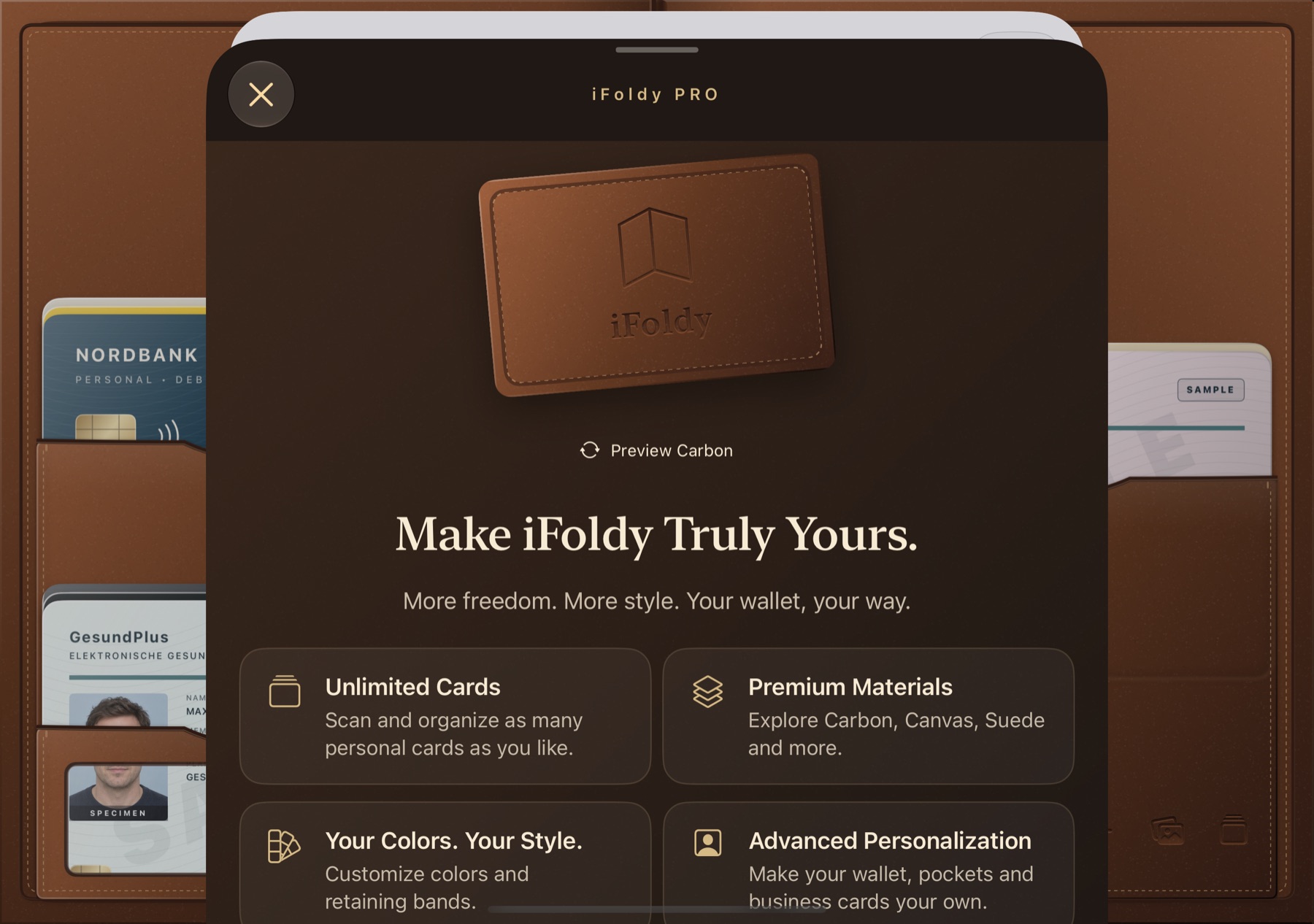 The iFoldy Pro sheet on iPhone Duo: a leather card preview above the heading “Make iFoldy Truly Yours.” and tiles for Unlimited Cards, Premium Materials and personalization.