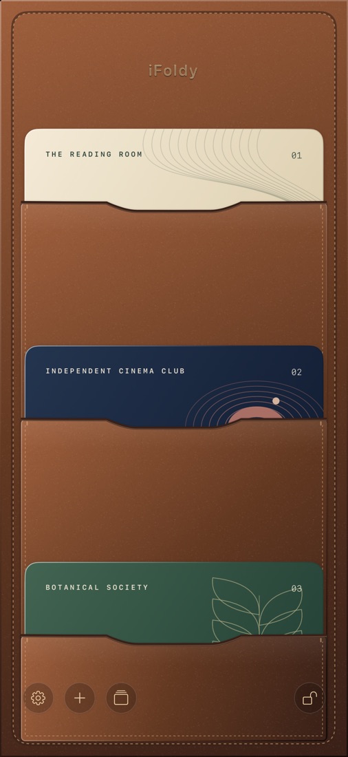 The open wallet on iPhone: cards sit in stitched leather pockets on one continuous surface.